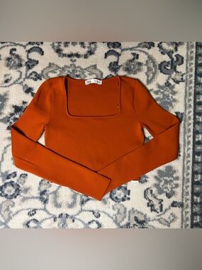 Zara Burnt Orange Square-Neck Ribbed cropped Long Sleeve Top